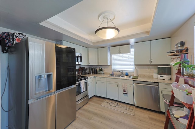 kitchen featuring white cabinetry, sink, a tray ceiling, and stainless steel appliances