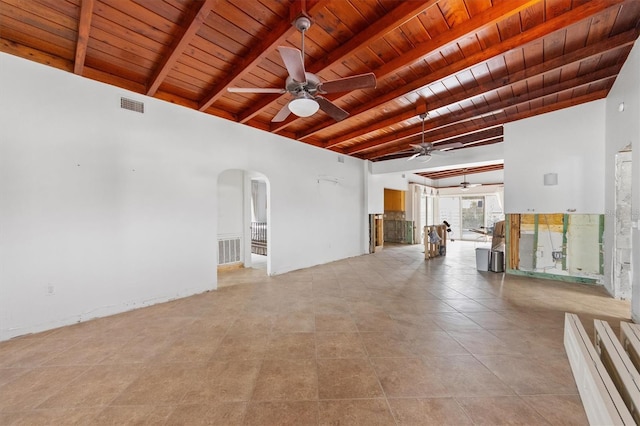 unfurnished room featuring beamed ceiling, ceiling fan, and wooden ceiling