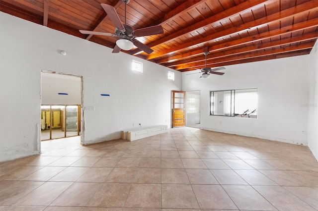 empty room featuring ceiling fan, wooden ceiling, beamed ceiling, and light tile patterned flooring