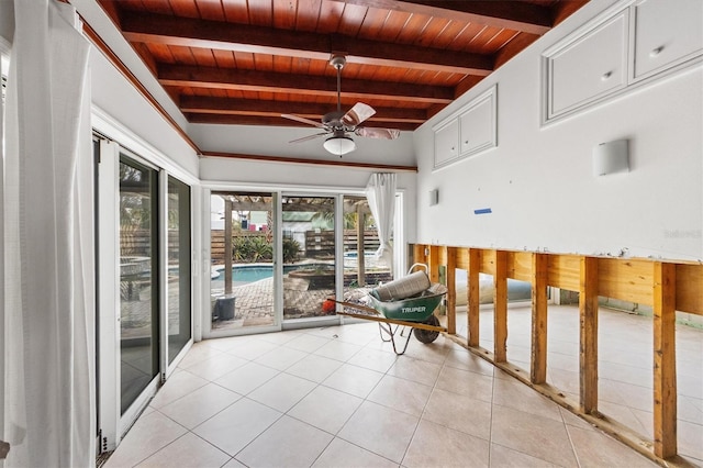 unfurnished sunroom with beamed ceiling, ceiling fan, and wooden ceiling