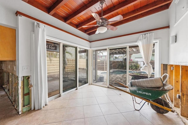 sunroom featuring beamed ceiling, ceiling fan, and wooden ceiling