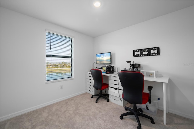 home office featuring light colored carpet