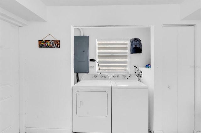 laundry room featuring washing machine and clothes dryer and electric panel