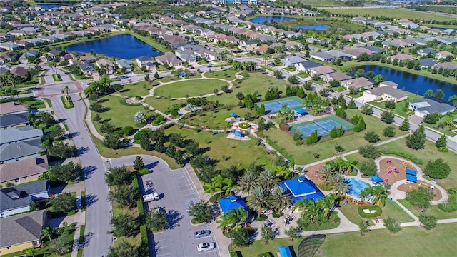 bird's eye view with a water view