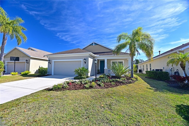 single story home featuring a garage and a front yard