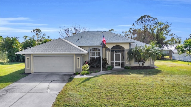 single story home with a garage and a front yard