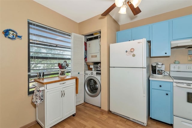 kitchen with stacked washer / dryer, white cabinetry, light hardwood / wood-style floors, blue cabinetry, and white appliances