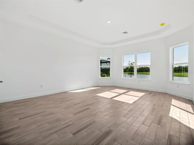 unfurnished room featuring a raised ceiling and light wood-type flooring