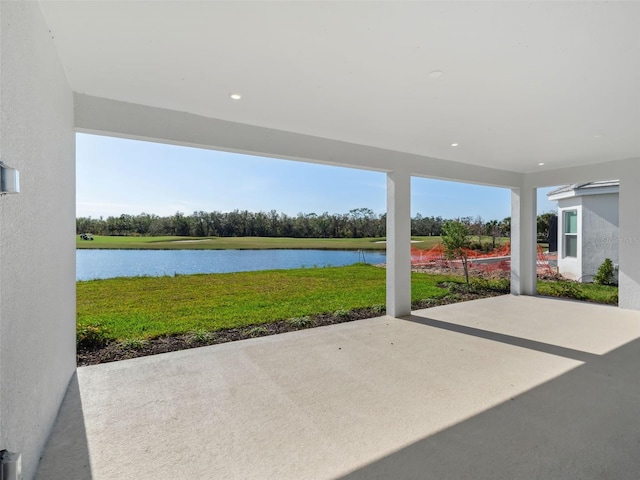 view of patio / terrace featuring a water view