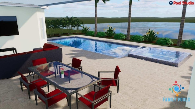 view of pool featuring a patio area, an in ground hot tub, and a water view