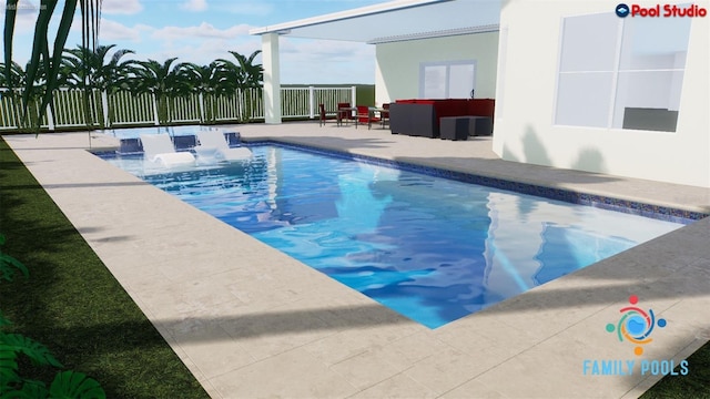 view of swimming pool with an outdoor hangout area and a patio