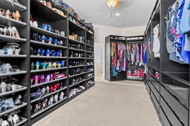 walk in closet with light carpet