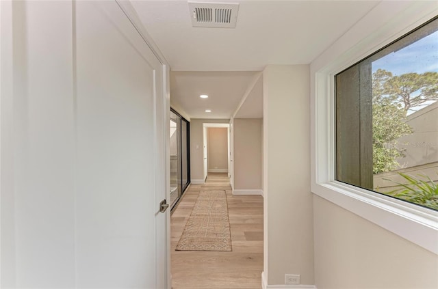 hallway with light hardwood / wood-style flooring and plenty of natural light