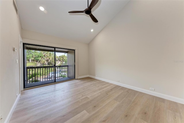 unfurnished room featuring ceiling fan, high vaulted ceiling, and light hardwood / wood-style floors