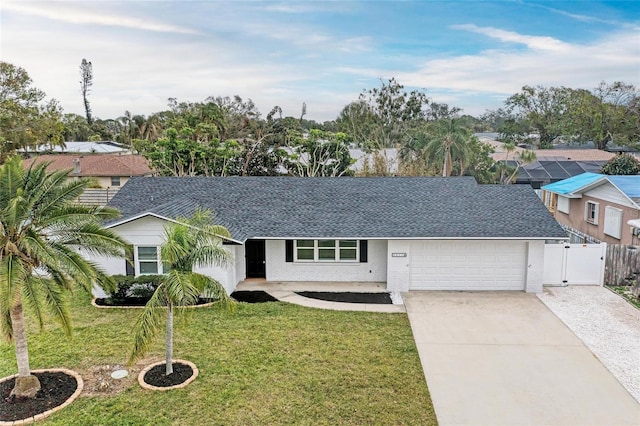 ranch-style house with a garage and a front yard