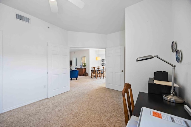 office area featuring ceiling fan and carpet flooring