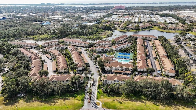 bird's eye view with a water view