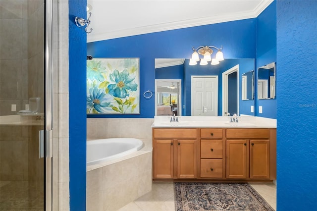 bathroom with crown molding, vanity, plus walk in shower, and tile patterned flooring