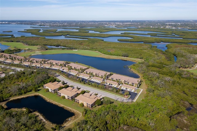 drone / aerial view with a water view