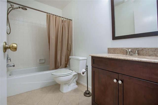 full bathroom with shower / tub combo, vanity, toilet, and tile patterned flooring