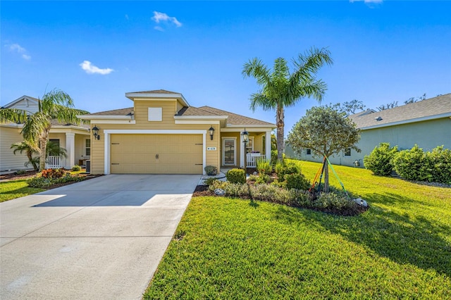 view of front of house featuring a porch, a garage, and a front yard