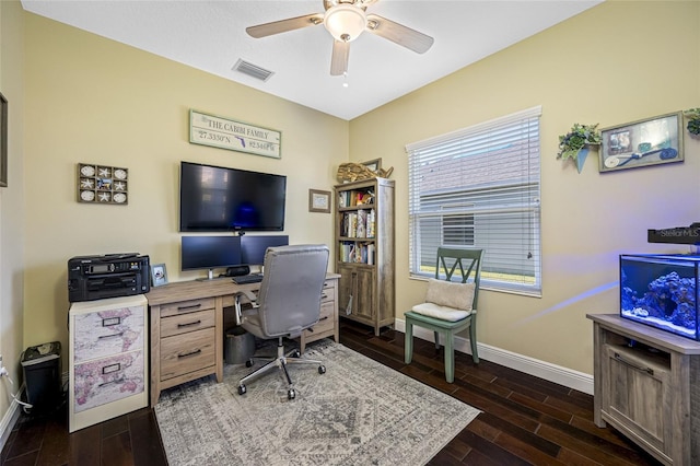 office with ceiling fan and dark hardwood / wood-style flooring