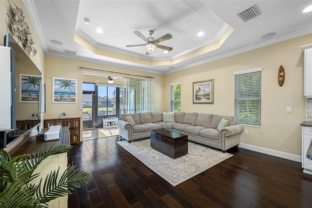 living room with a tray ceiling, ornamental molding, and dark hardwood / wood-style floors