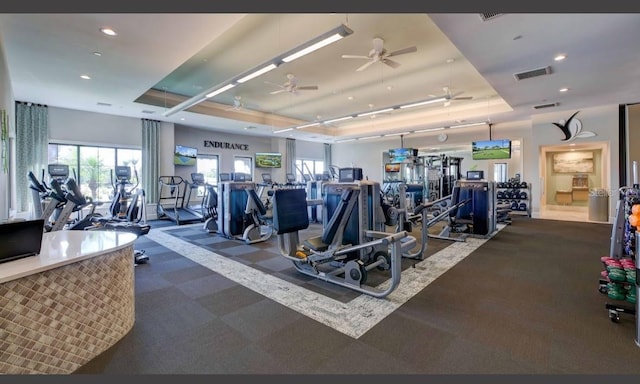 workout area featuring a raised ceiling