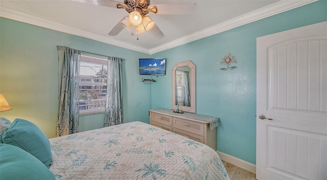 bedroom with crown molding and ceiling fan