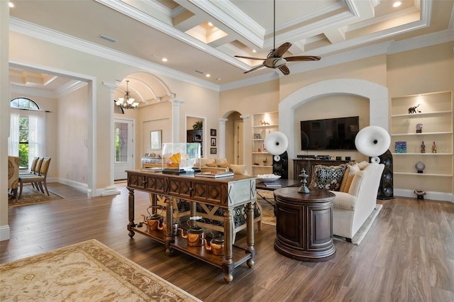 living room with crown molding, built in features, hardwood / wood-style floors, decorative columns, and coffered ceiling