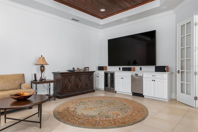 tiled living room featuring wine cooler, ornamental molding, wood ceiling, and a raised ceiling