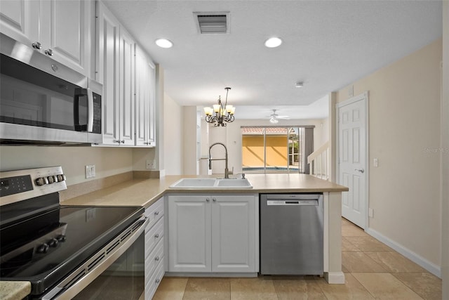 kitchen featuring white cabinetry, sink, kitchen peninsula, and appliances with stainless steel finishes