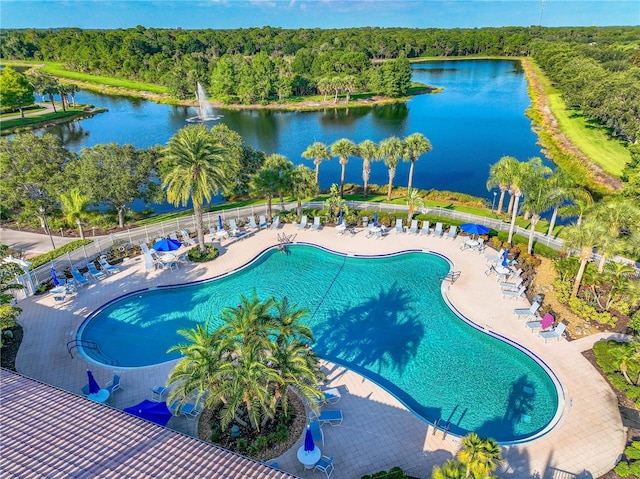 view of pool featuring a patio area and a water view