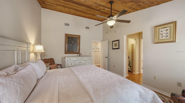 bedroom featuring ceiling fan, high vaulted ceiling, light hardwood / wood-style flooring, and wooden ceiling