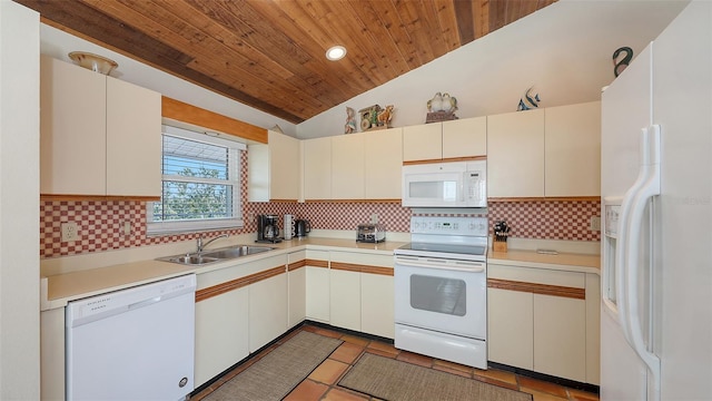 kitchen with tasteful backsplash, sink, white appliances, and white cabinets