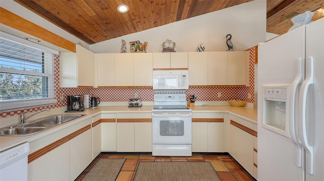 kitchen featuring white cabinetry, sink, white appliances, and backsplash