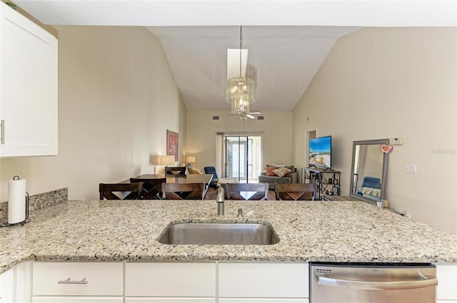 kitchen with white cabinetry, dishwasher, sink, and hanging light fixtures