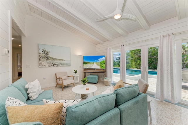 living room featuring high vaulted ceiling, carpet, wood ceiling, ceiling fan, and beam ceiling