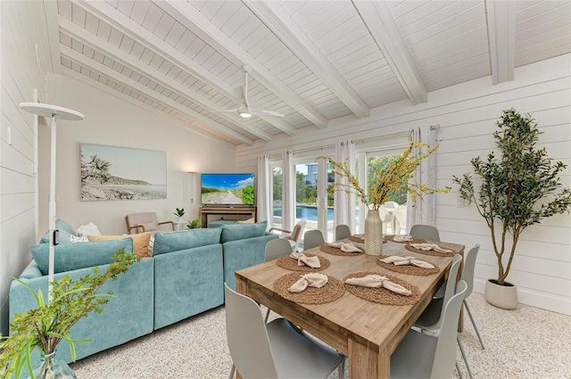 sunroom / solarium featuring lofted ceiling with beams and wooden ceiling