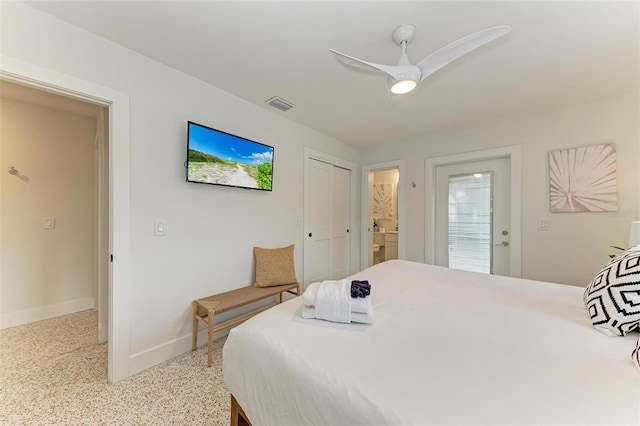 bedroom with a closet, ceiling fan, and ensuite bathroom