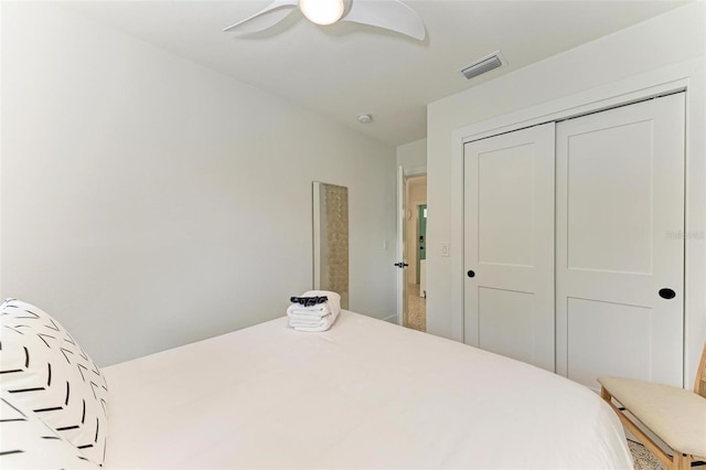 bedroom featuring ceiling fan and a closet