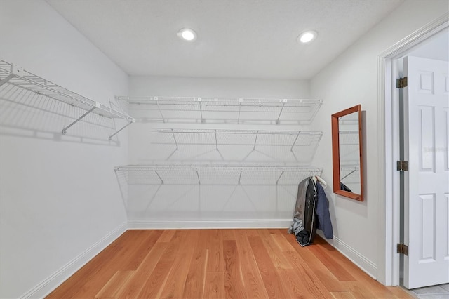 walk in closet with light wood-type flooring