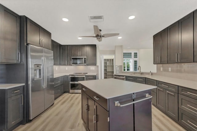 kitchen with stainless steel appliances, a center island, sink, and light wood-type flooring