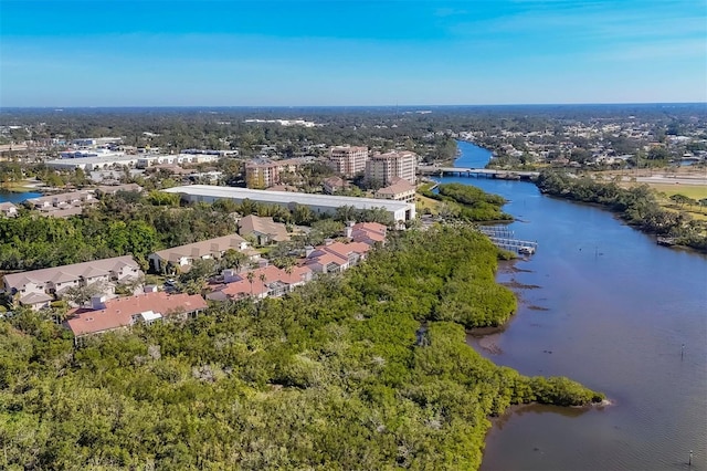 bird's eye view with a water view