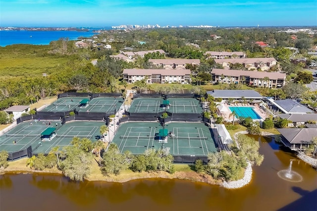 drone / aerial view with a water view