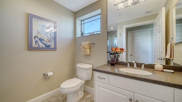 bathroom with tile patterned flooring, toilet, vanity, visible vents, and baseboards