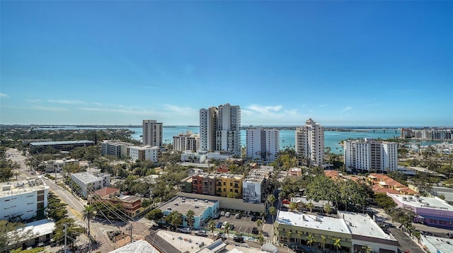 bird's eye view with a city view and a water view