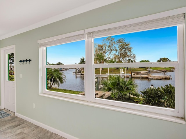 interior space with a water view