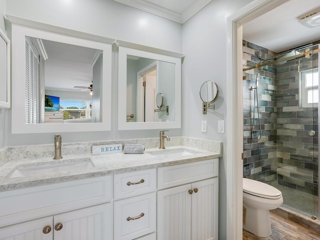 bathroom with double vanity, a stall shower, toilet, and a sink