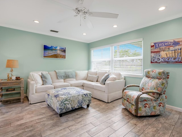 5303 Coral Blvd, Bradenton, FL 34210 - living room with visible vents, recessed lighting, a ceiling fan, and light wood-style floors